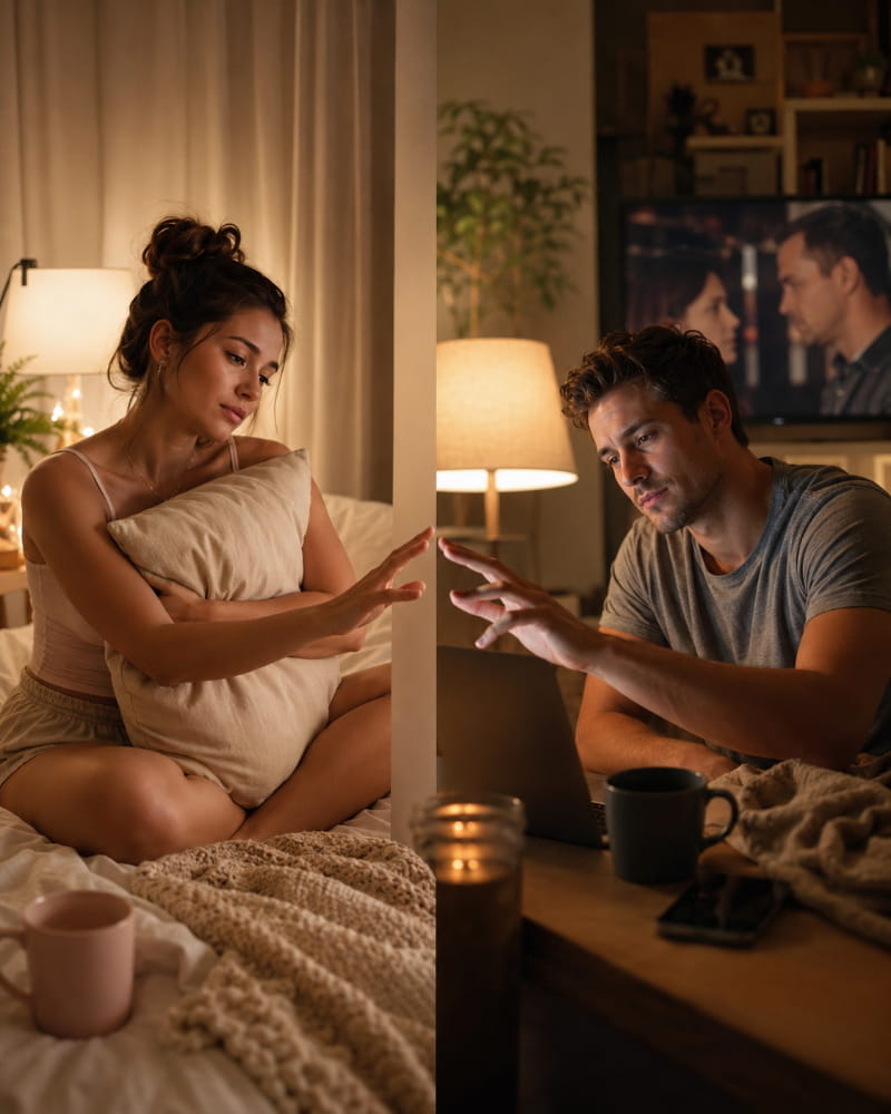 Attractive adult couple separated by distance longing for physical touch during a video call