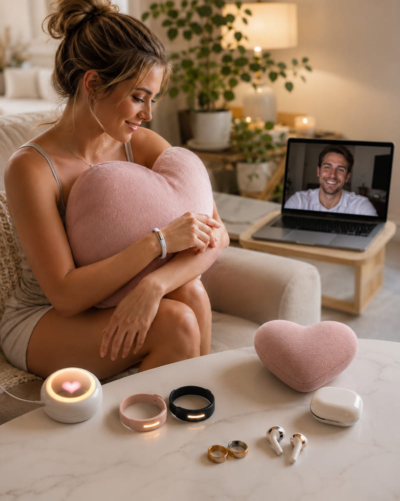 Long-distance couple surrounded by touch bracelets smart rings and a comforting hug pillow