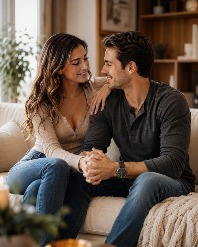 Adult couple expressing love through hugging holding hands and sitting close together