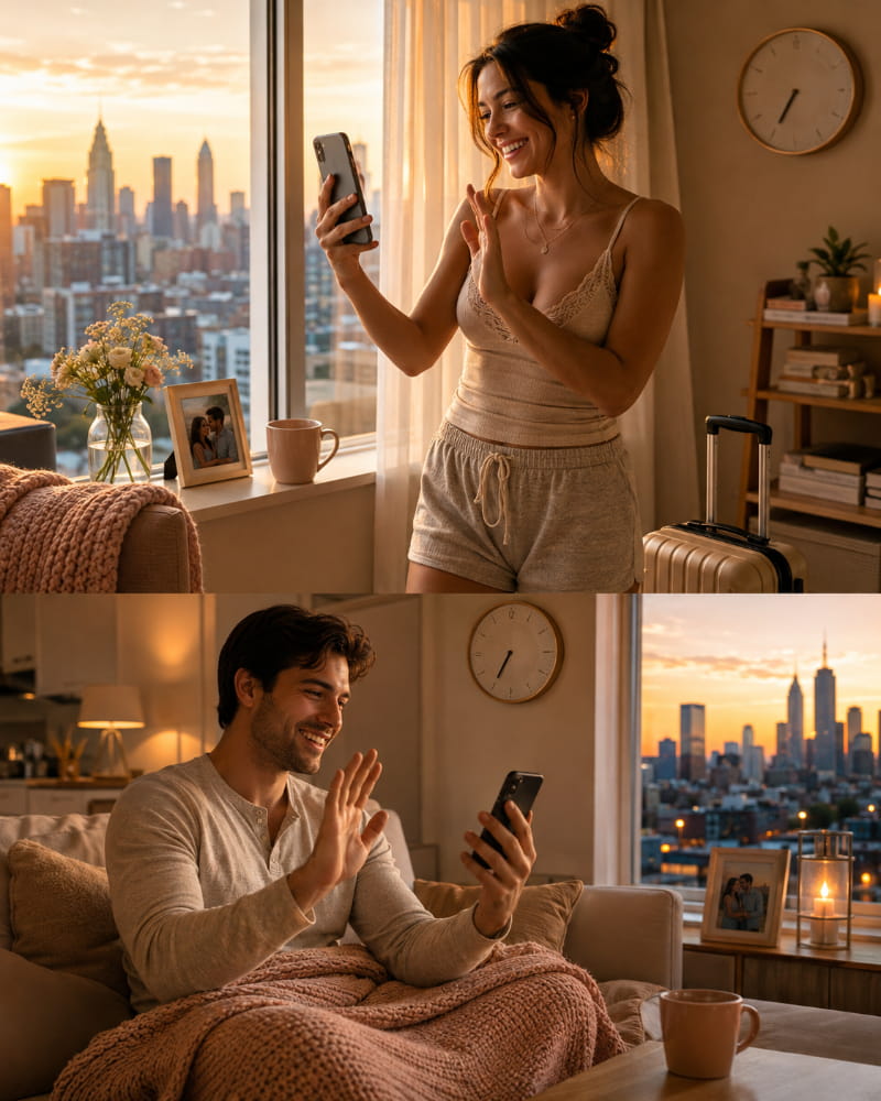 Long-distance couple staying emotionally connected across different cities through technology