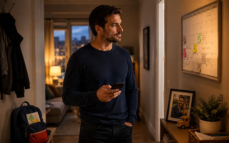 A thoughtful single father standing in a modern home at evening, looking at his schedule and phone while balancing dating and parenting responsibilities.
