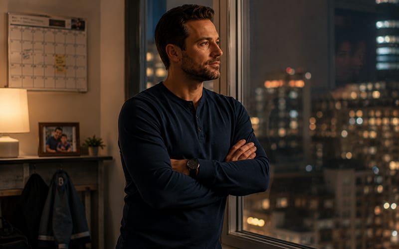 A reflective single father standing by a window at night, balancing loneliness, responsibility, and hope for a new relationship.
