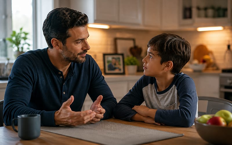 A calm single dad talking gently with his child at the kitchen table, showing honesty and trust while dating again.