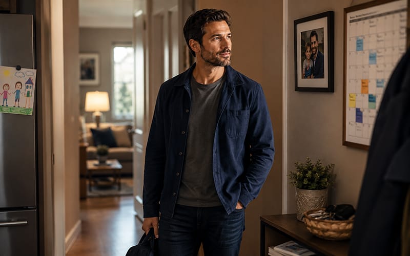 A thoughtful single father standing near a doorway in a quiet home, pausing before bringing a new partner into his child’s life.