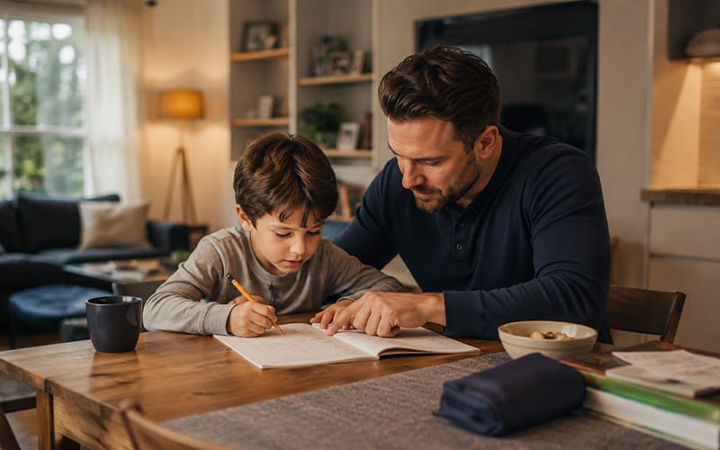 A single dad spending focused one-on-one time with his child during a cozy home activity, showing steady parenting and connection.