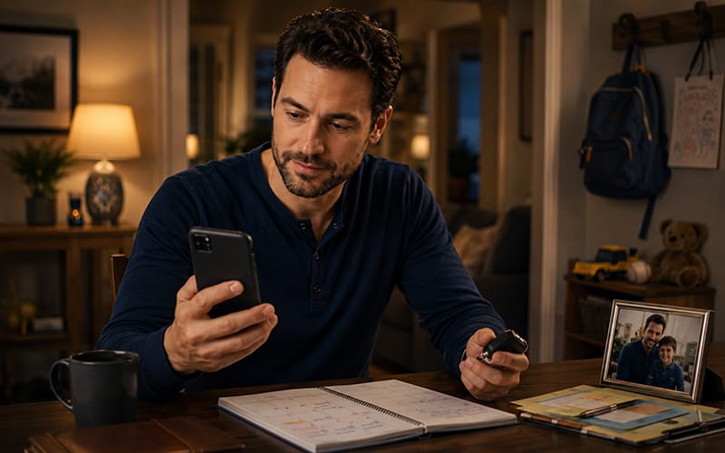 A single father holding a smartphone with a blurred dating app screen while standing in a real home setting with subtle parenting details.