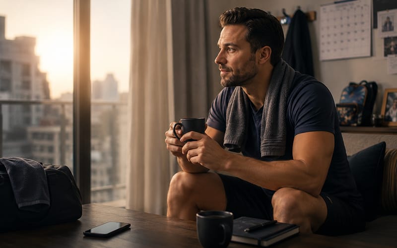 A single dad taking a quiet moment for himself in a softly lit home, showing that self-care supports better parenting and dating.