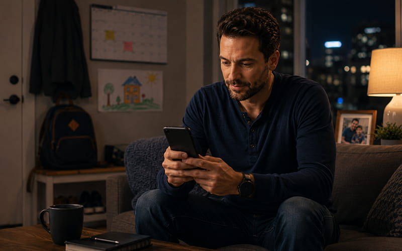 A focused single father using his phone in a modern home, representing dating apps and communities for single parents.