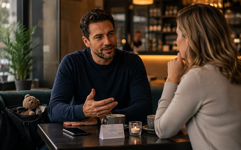 A respectful first-date conversation between a single dad and a date in a stylish café, showing maturity and mutual understanding.