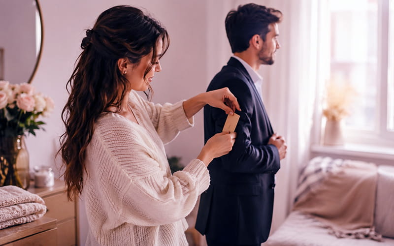 Woman slipping a heartfelt love note into her partner’s jacket pocket in a bright, cozy bedroom