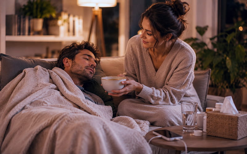 Woman caring for her sick partner on a sofa by offering tea in a cozy, comforting living room
