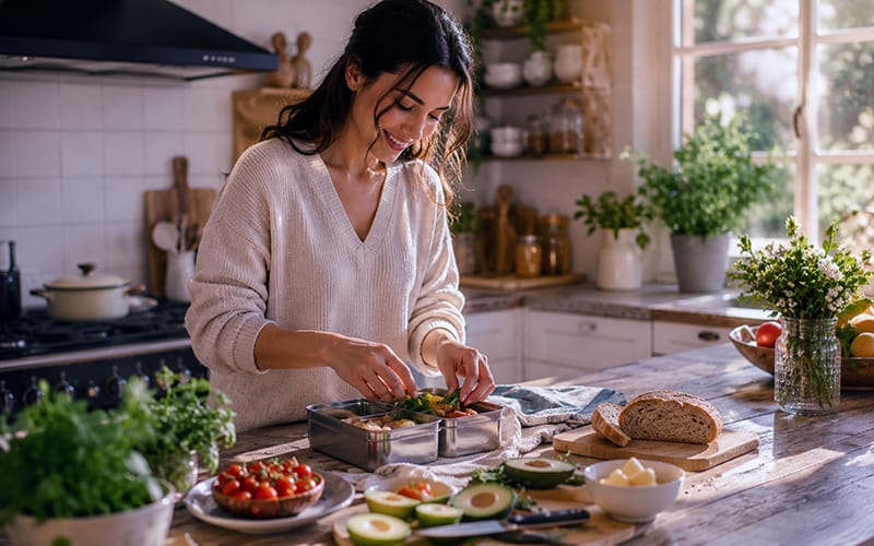 Woman preparing her partner’s favorite meal and packing a special lunch in a sunny modern kitchen