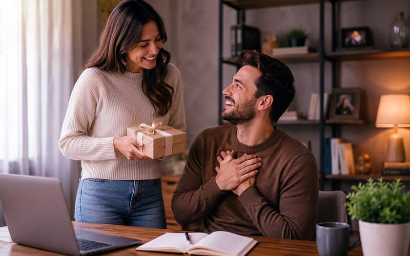 Loving woman smiling as she gives her partner a thoughtful wrapped gift in a warm modern home office, while he looks touched and encouraged beside a laptop and notebook.