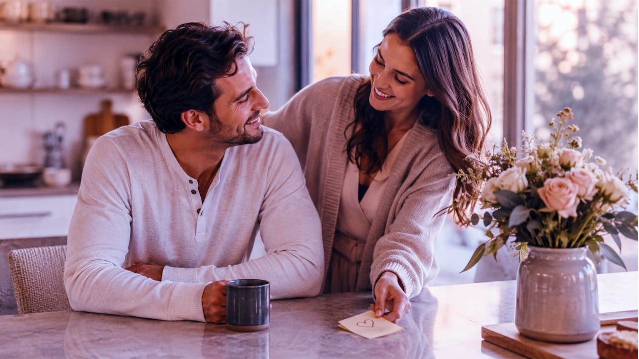 Loving modern couple sharing a warm romantic moment in a cozy home kitchen with soft natural light