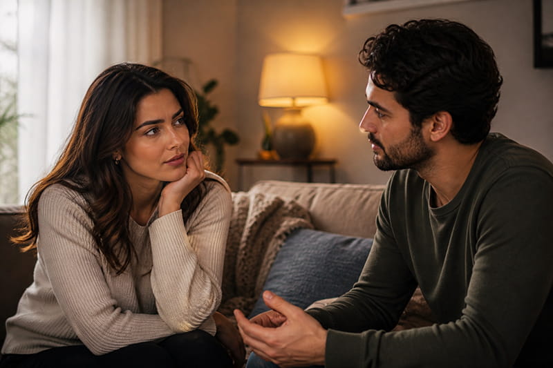 A man gives an indirect compliment by praising a woman’s confidence, intelligence, or style in a casual home setting, and she smiles softly because she feels seen and appreciated for more than just her looks.