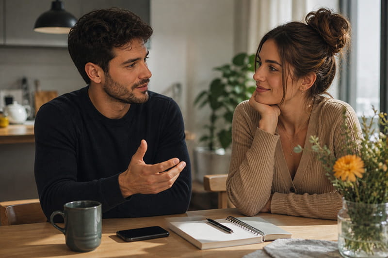 A man gives an indirect compliment by praising a woman’s confidence, intelligence, or style in a casual home setting, and she smiles softly because she feels seen and appreciated for more than just her looks.