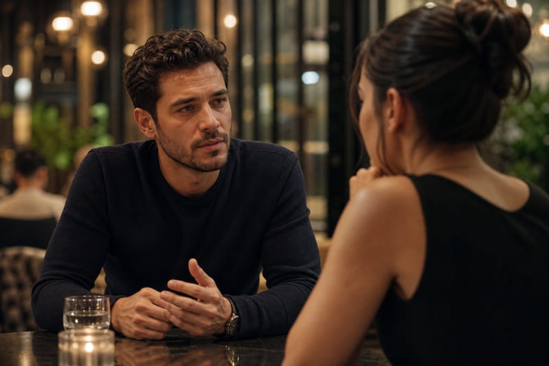 A man sits across from a woman in a softly lit date setting, pausing before speaking as if he wants to compliment her but is worried it might sound insincere or manipulative, creating a tense but sincere emotional moment.
