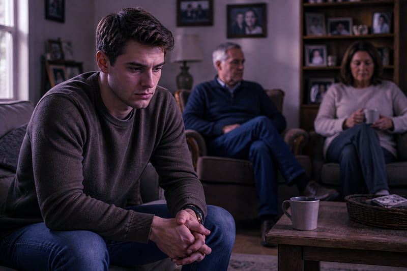 A young man sits quietly in a modest family living room, looking reflective and emotionally reserved while older family members appear distant in the background, suggesting he learned silence and restraint from his upbringing.
