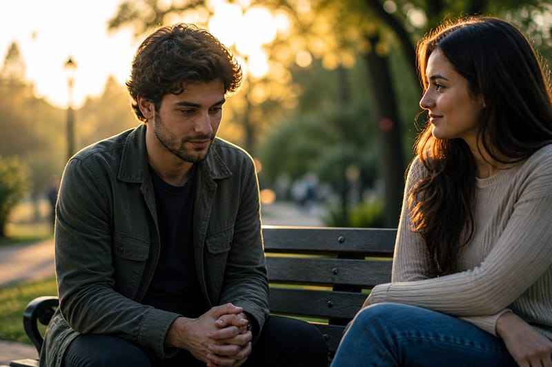 A shy man sits or stands near a woman in a golden-hour park, looking nervous and unsure as if he wants to compliment her but is afraid of rejection, while she watches him gently in a calm, supportive atmosphere.