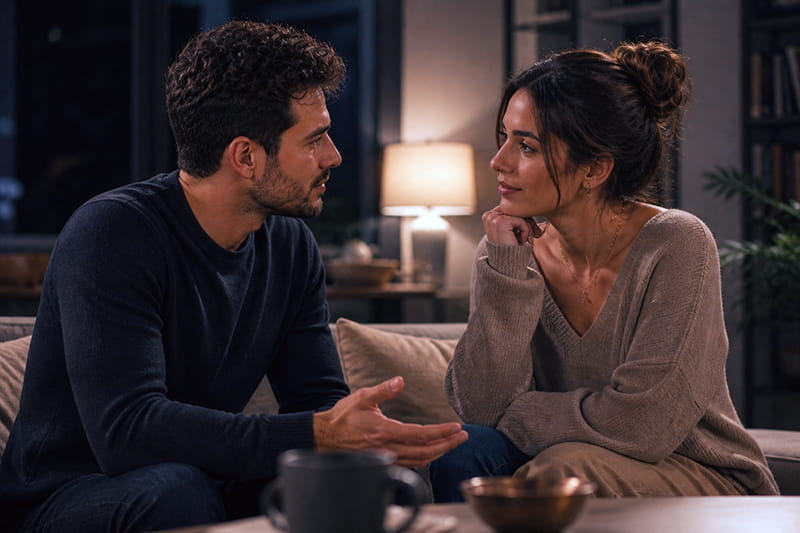 A couple sits in a warm living room having an honest conversation, with the woman carefully reading his tone and body language while the man looks sincere and affectionate, showing the difference between genuine praise and empty flattery.