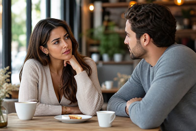 A couple sits across from each other in a cozy café, with the woman looking a little confused about why her partner rarely compliments her and the man leaning in with attentive eye contact, showing interest through his body language rather than words.