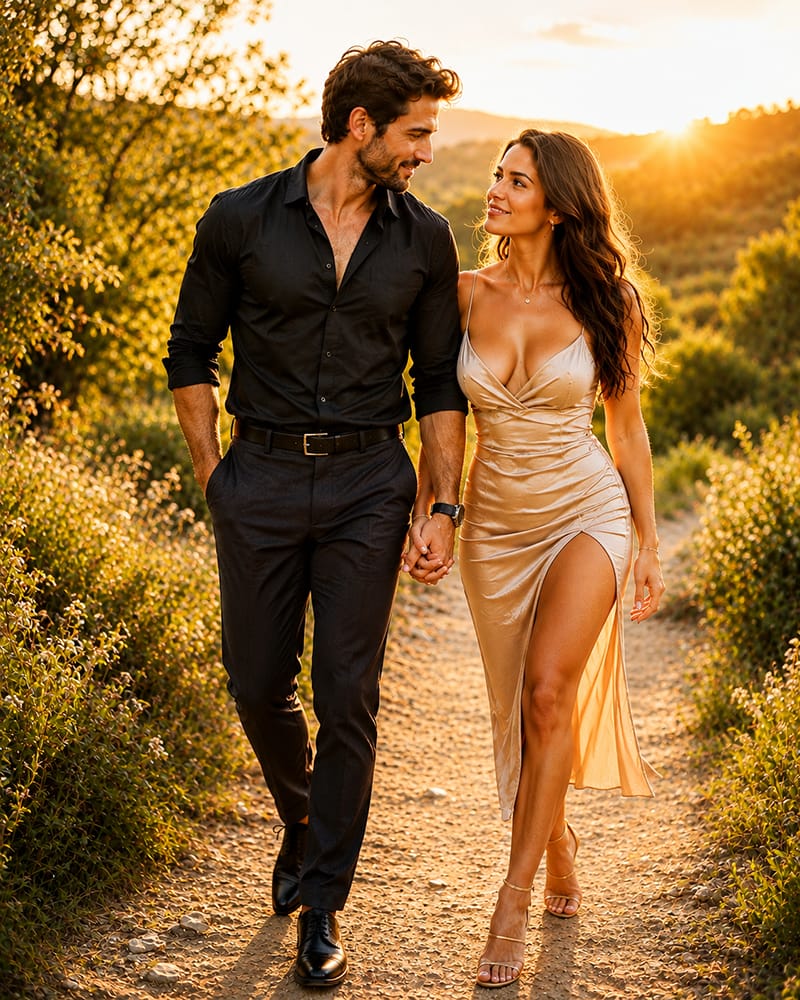 Handsome adult man and beautiful woman in elegant sexy date-night outfits holding hands while walking outdoors together at sunset.