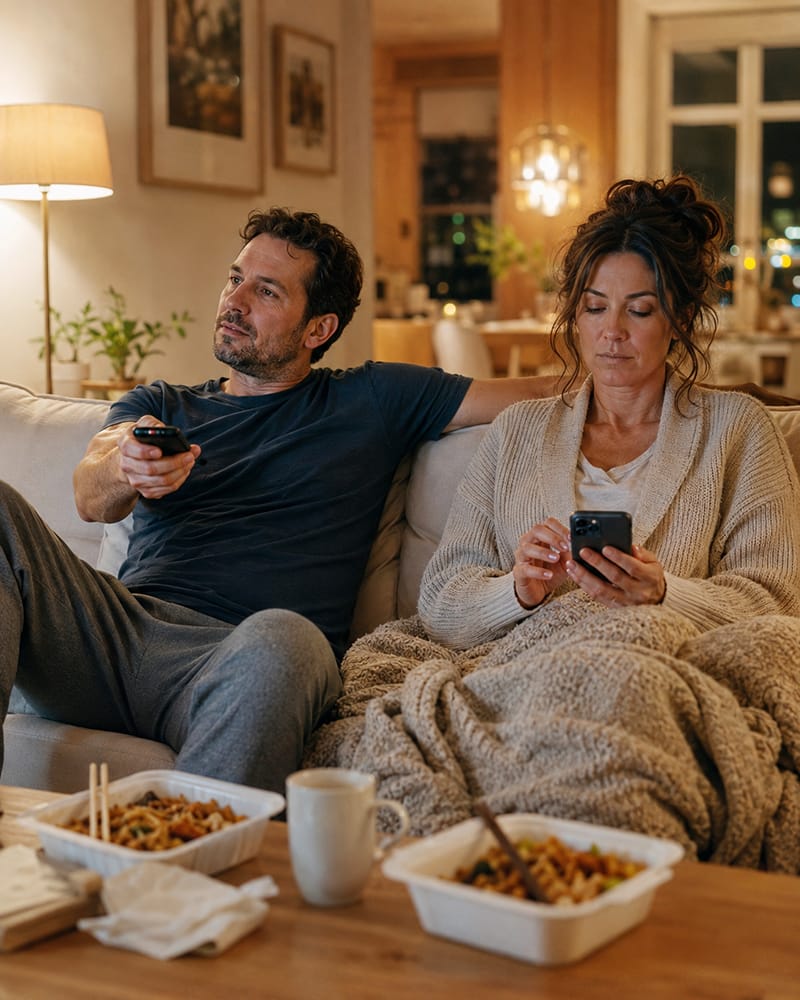 Married couple having a routine date night at home while looking distracted and disconnected