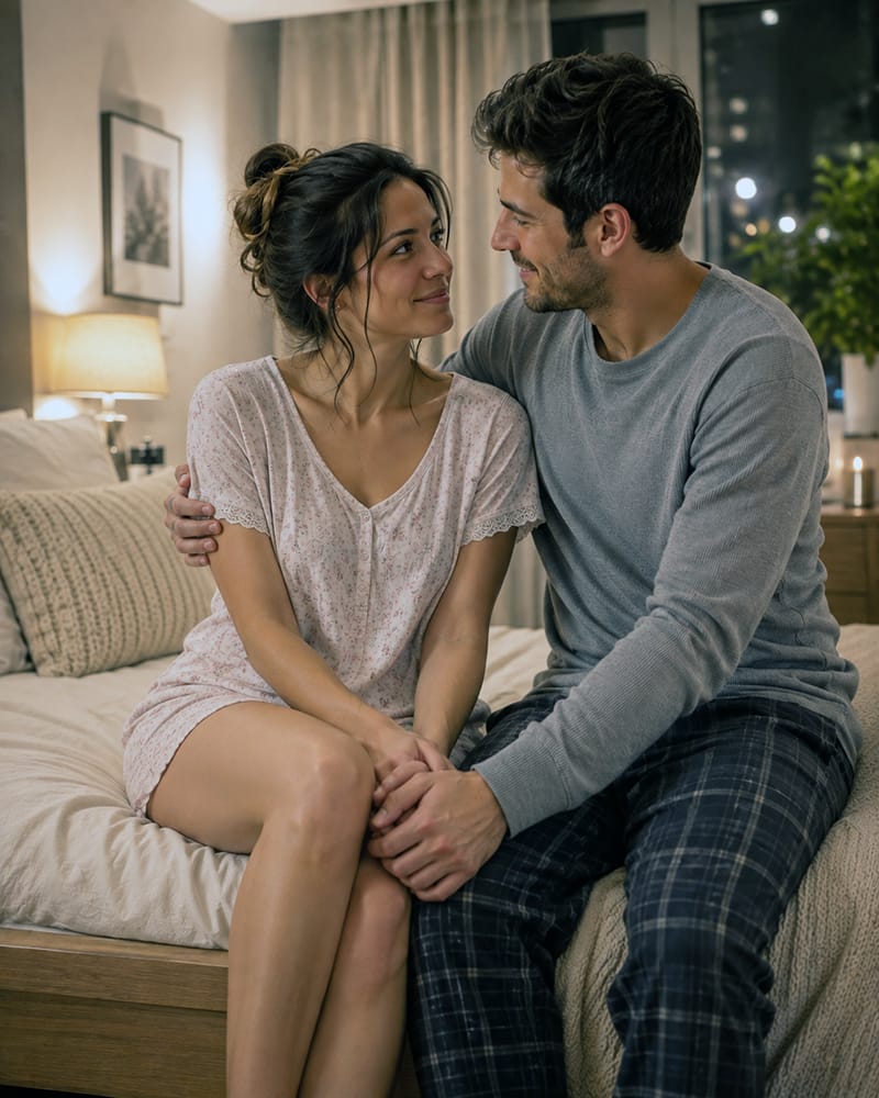 Married couple sharing an intimate emotional moment at home and reconnecting after feeling distant.