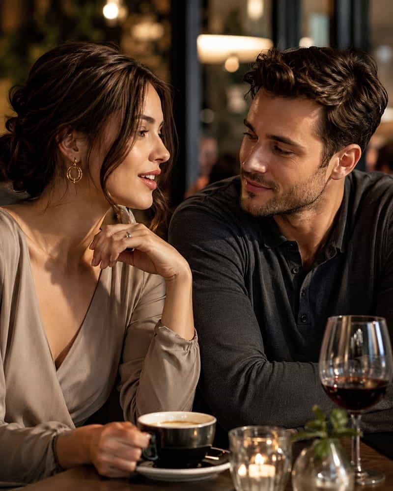 Man looking at a woman's lips during a romantic conversation