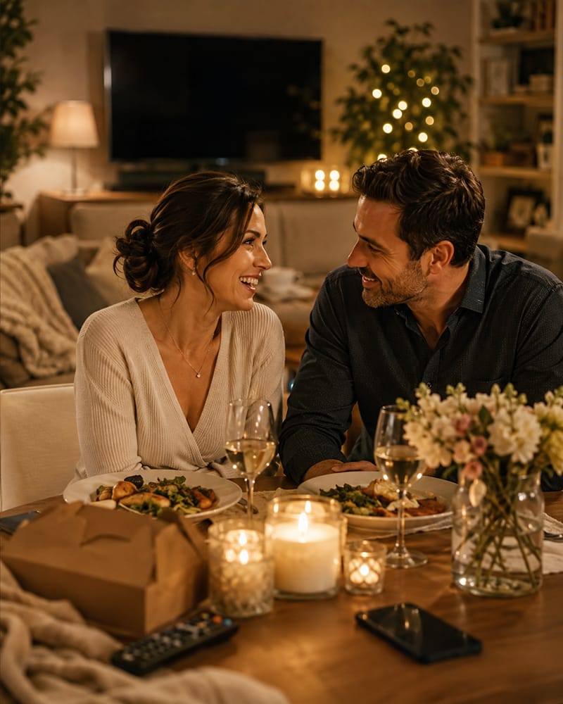 Married couple reconnecting during a warm intentional date night at home after breaking their usual routine