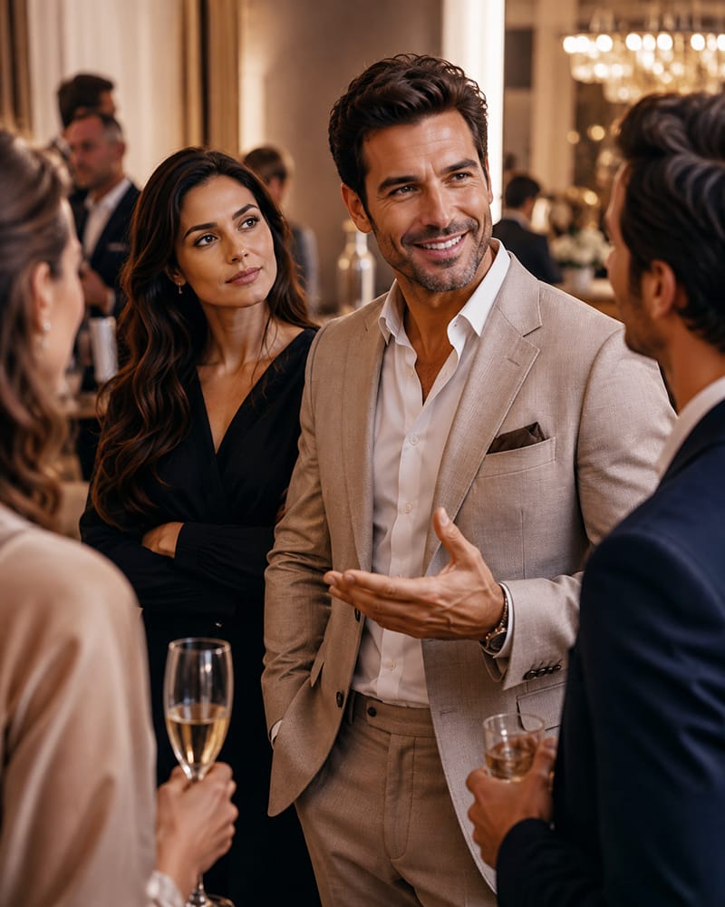 Confident man receiving admiration while his partner observes his narcissistic behavior