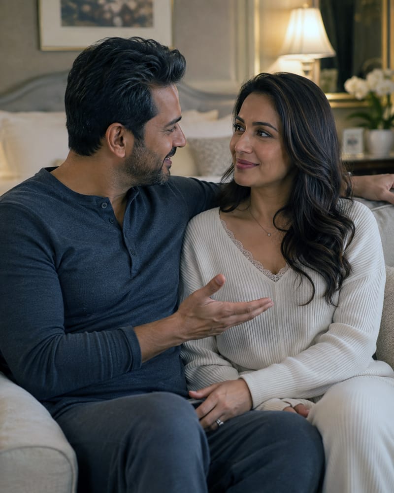 Married couple checking in with each other during a warm and respectful intimate conversation.