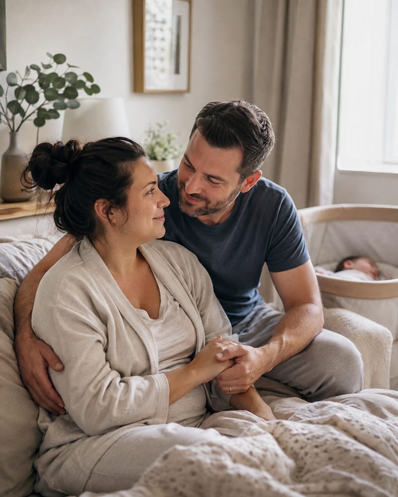 Husband lovingly supporting his wife after having a baby in a bright home