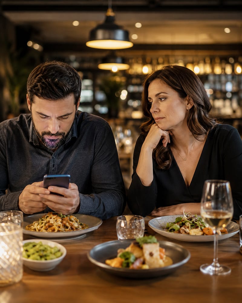 Partner distracted by smartphone while spouse tries to connect during dinner