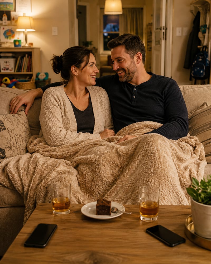 Busy married parents enjoying a quiet date night together at home after the children are asleep