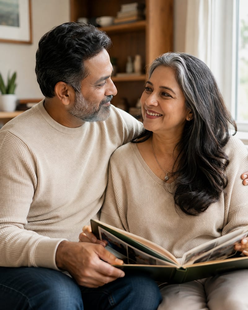 Husband admiring his wife's natural beauty as they grow older together