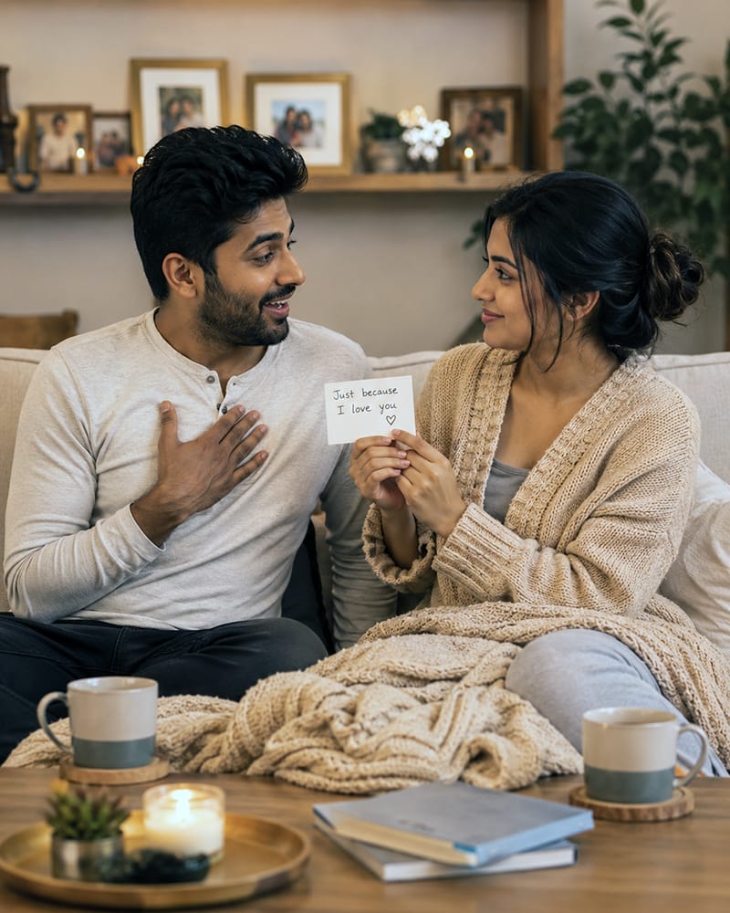 Shy married couple smiling at each other while reconnecting with a simple romantic gesture.