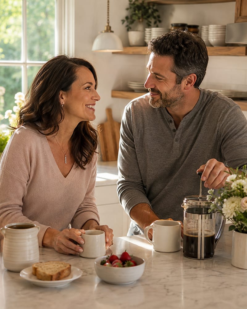Married couple sharing a simple happy everyday moment that strengthens their connection