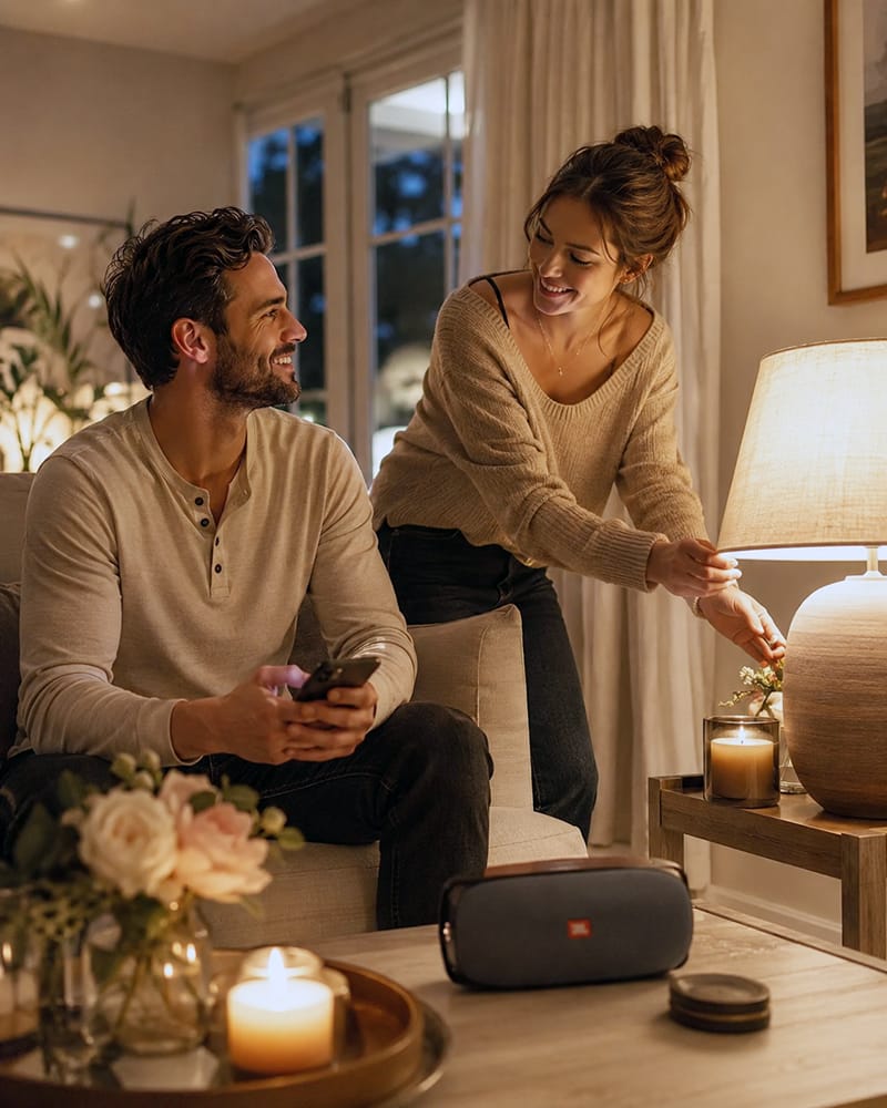 Married couple enjoying music together in warm evening lighting before bedtime.