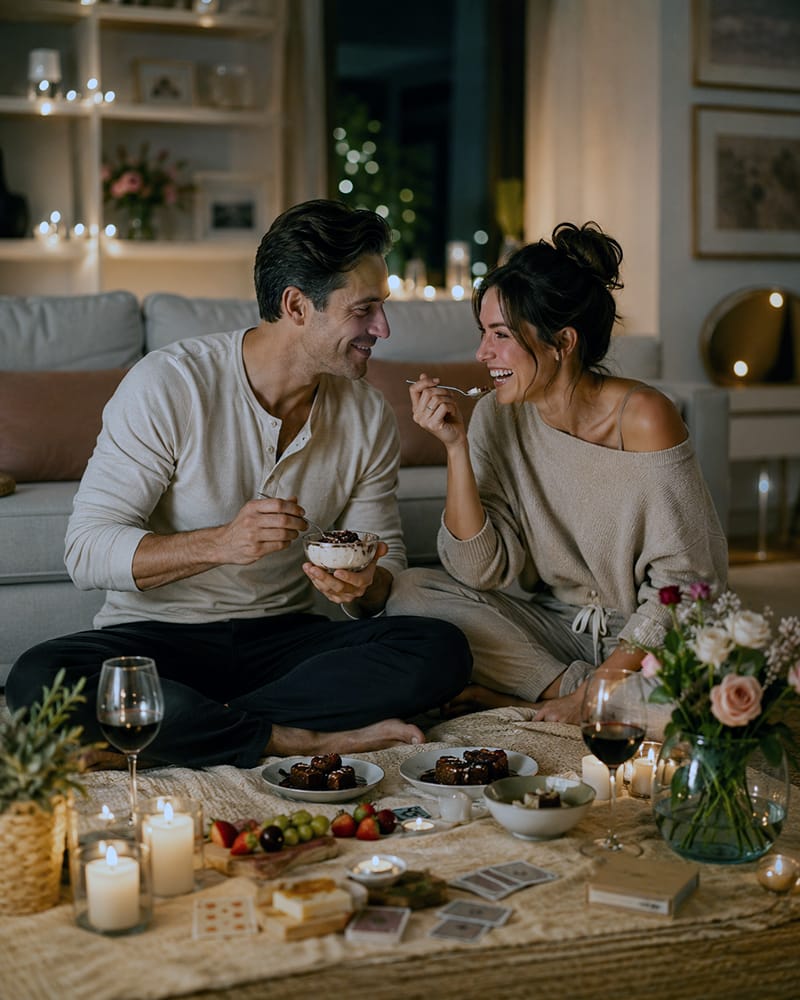 Married couple enjoying a refreshed and playful date night at home.