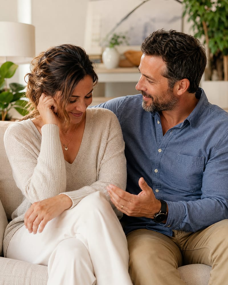 Husband gently reassuring his wife after she brushes off his sincere compliment