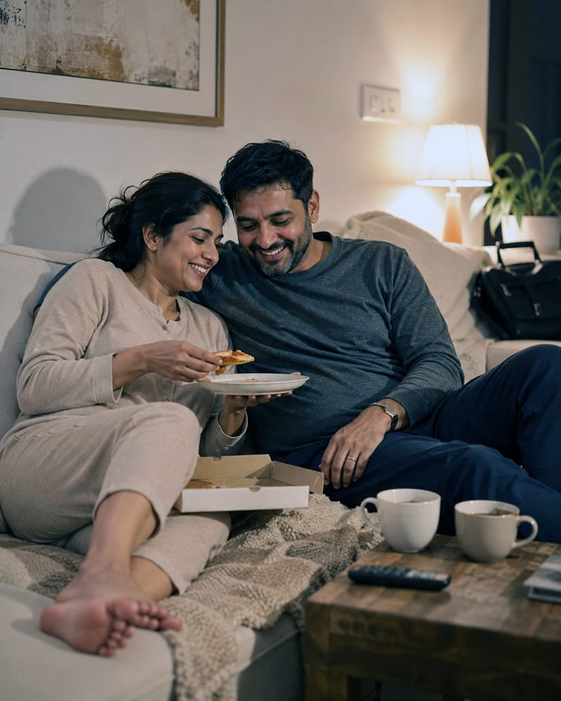 Tired married couple enjoying a simple low-effort evening together at home.