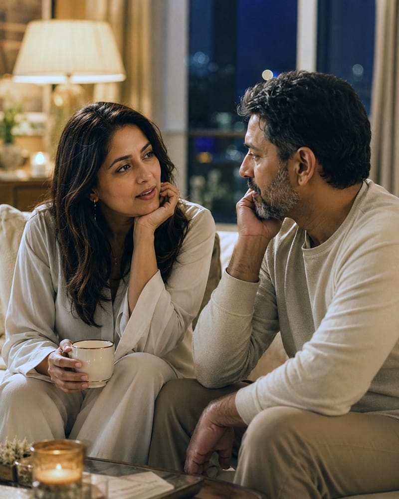 Long-married couple talking deeply and discovering new things about each other at night.