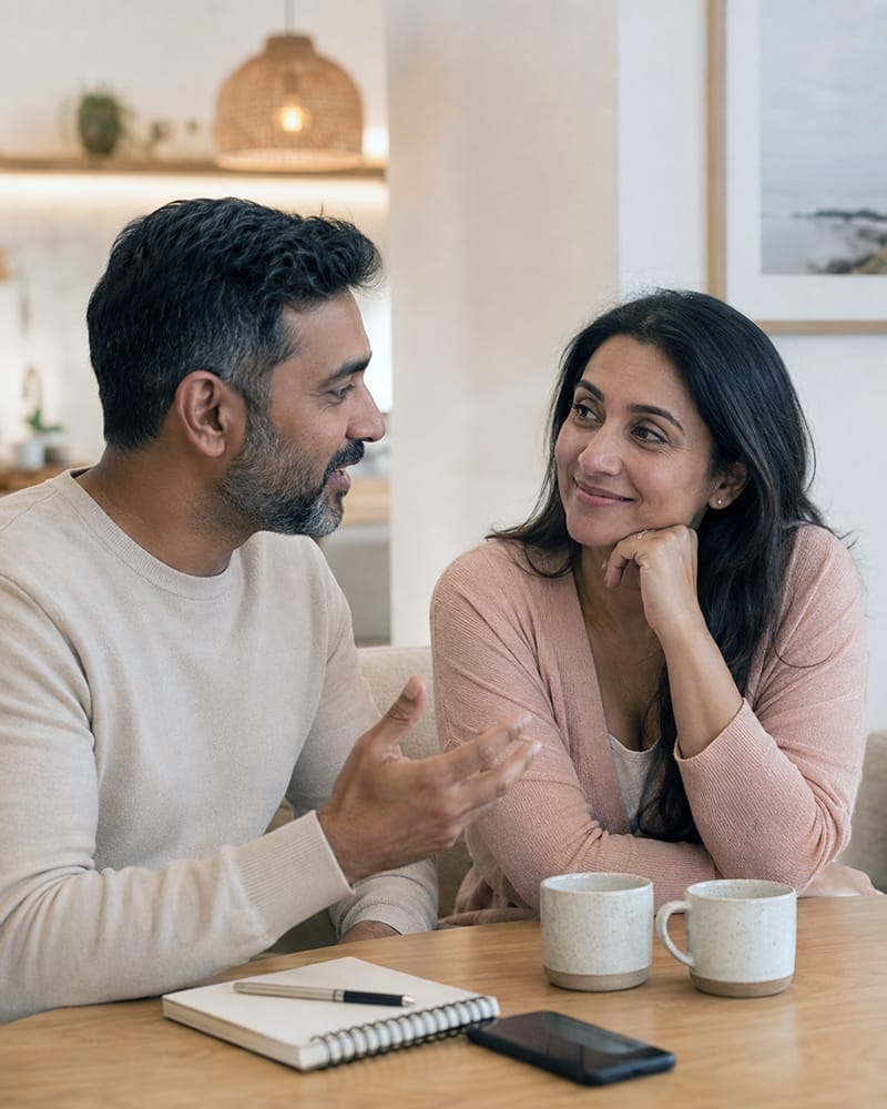 Husband and wife having a warm open conversation about what they need from each other.