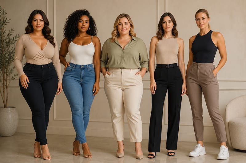 Five adult women representing hourglass pear apple rectangle and athletic body shapes