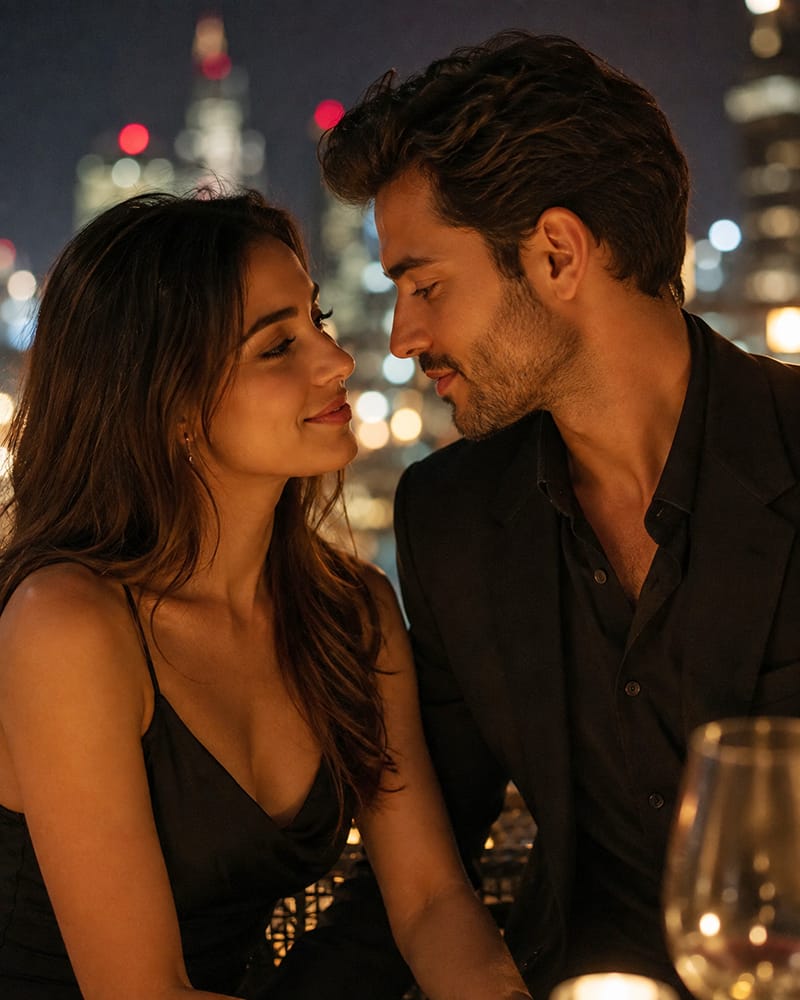 Man gazing at woman's lips while standing close during a romantic conversation