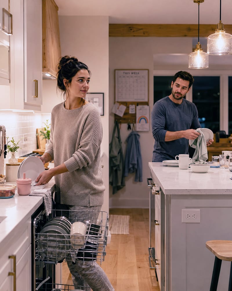 Tired married couple in the kitchen after a long day surrounded by everyday household responsibilities.