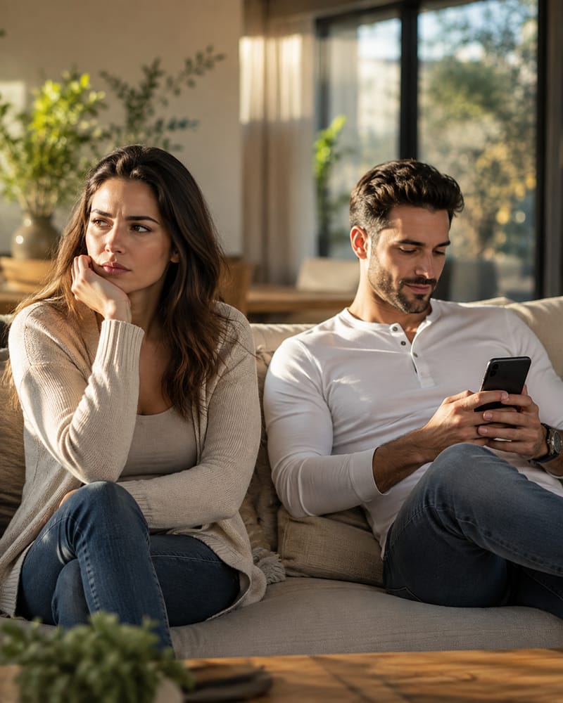 Woman feeling emotionally disconnected beside self-focused partner in a troubled relationship
