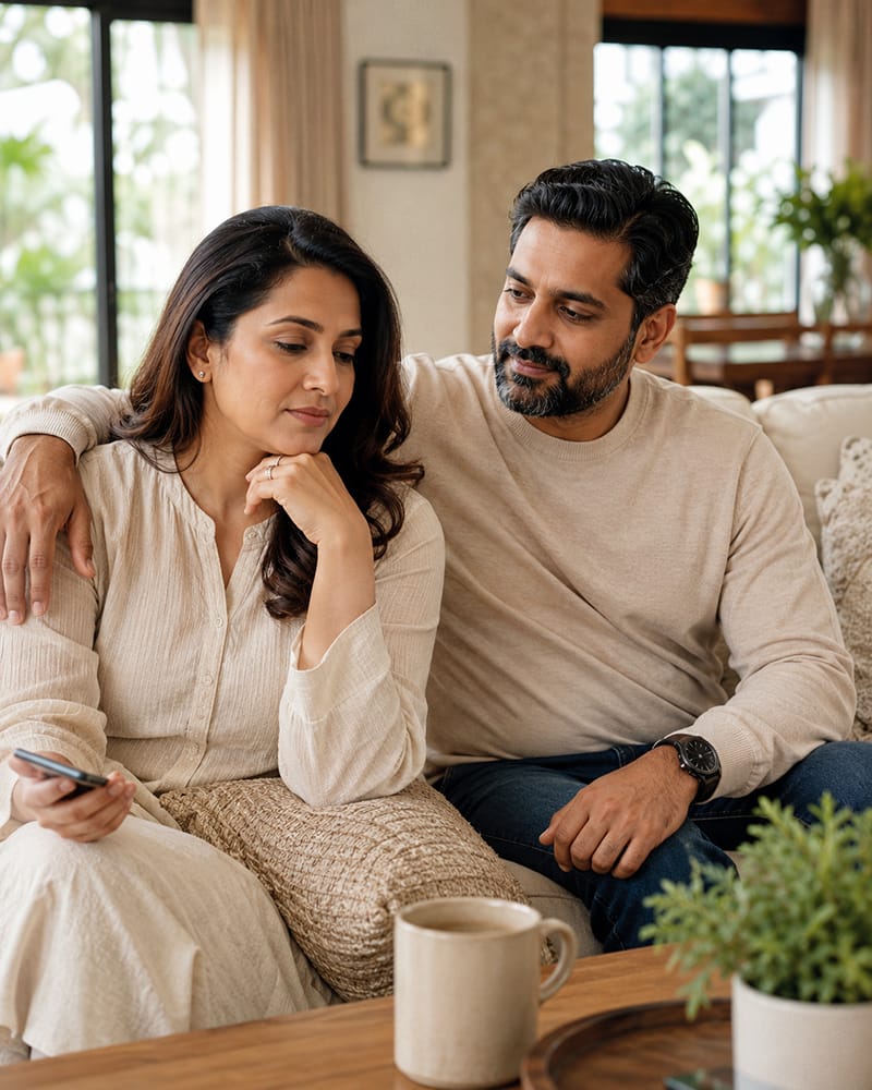 Married woman feeling supported and confident while her husband offers loving reassurance