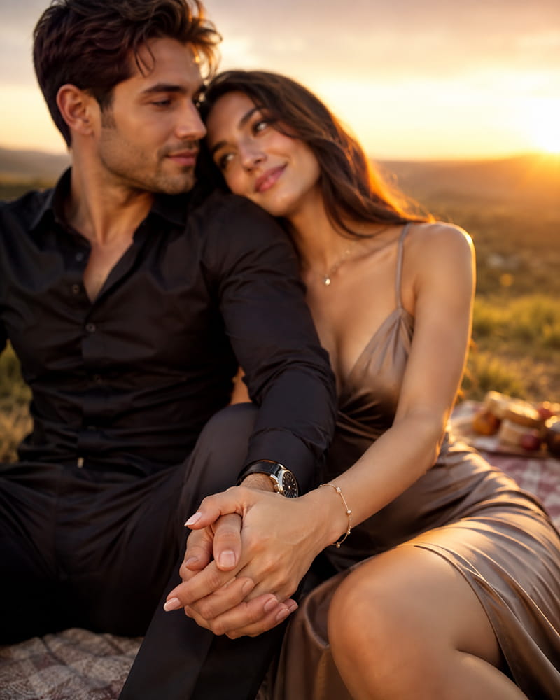 Beautiful woman and handsome man in stylish sexy outfits sitting closely together outdoors while holding hands at sunset.